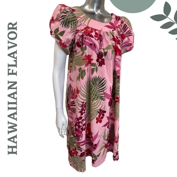 Vintage-Inspired Hawaiian Flavor Island Print Dress | Tulip Puff Sleeves | Small - Picture 3 of 7